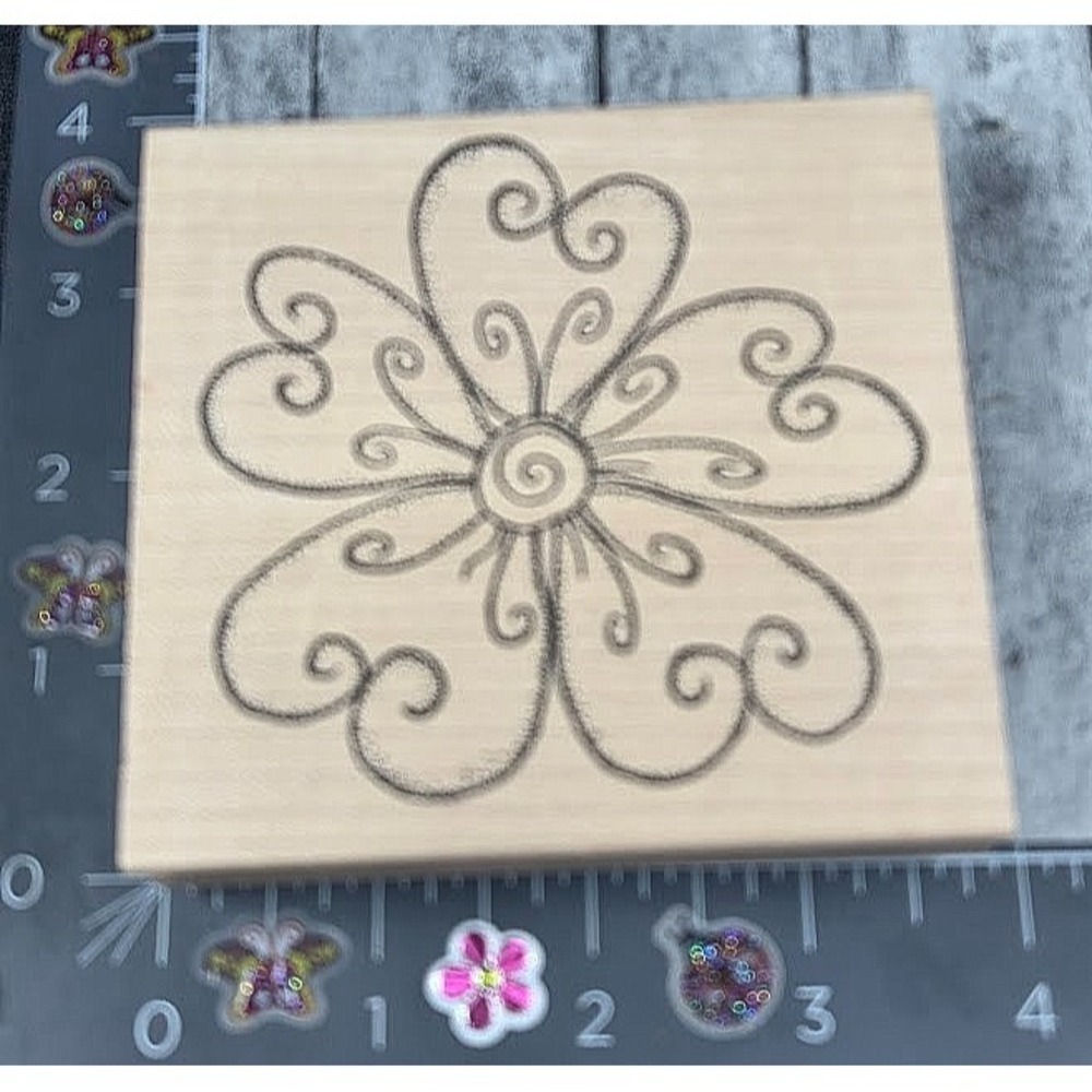 Outlines Swirly Flower Design Rubber Stamp Wood #D29
